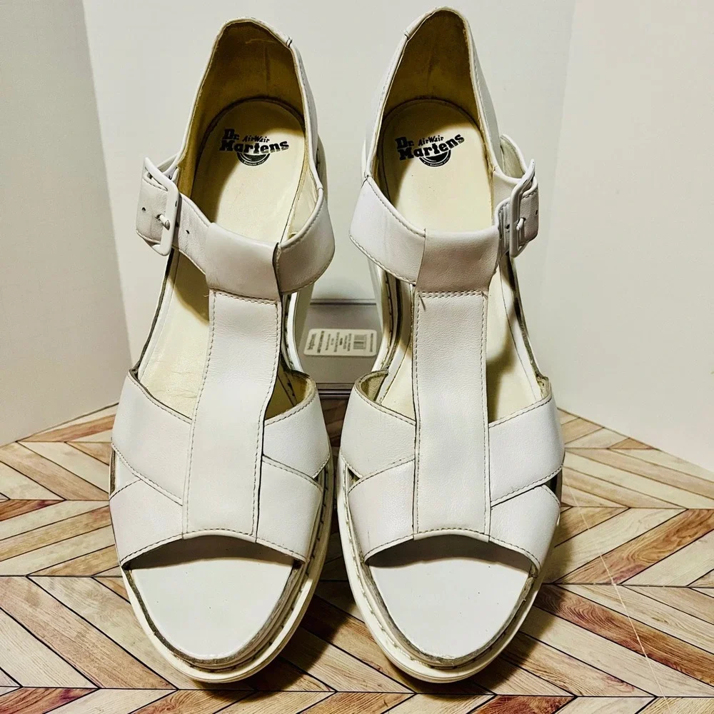 Dr Martens Adaya Platform T-Strap Wedge Sandals Women 10 White Leather Y2K Bratz